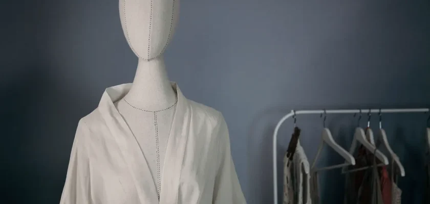Abstract white mannequin with simplified facial features in a modern boutique