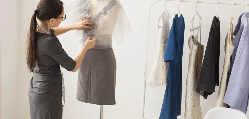 Fabric dress form used for garment display in a small boutique