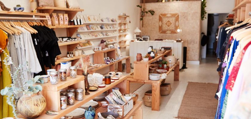 Low fixture height near store entrance preserving sightline to taller shelving at back wall